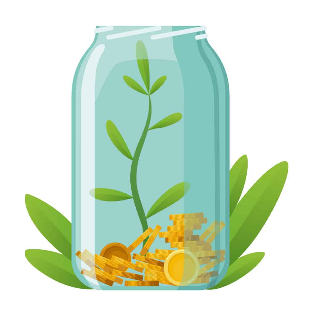 Investing bottle money, icon. Money growing concept, finance savings tree, finances investment. Money growing plant step with deposit coin in bank concept.